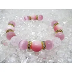 ★【ピーチジェイド×キャッツアイ】玉経10㎜ 天然石ブレスレットパワーストーン
