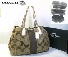 ★美品!★COACH コーチ■シグネチャーストライプキャリーオールハンドバッグ