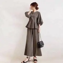 セットアップ　レディース　ワイドパンツ　5分袖　ペプラム　脚長効果　バルーン袖