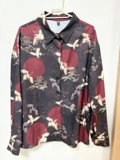 SHUNJIN 和柄長袖シャツ　鶴　日の出　UNISEX