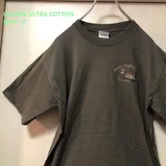 ギルダン　企業T　半袖Tシャツ　刺繍入り　鹿　ワンポイント　カーキ色　Mサイズ