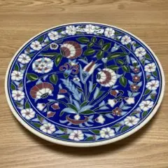 トルコ製 バンドメイド 花柄 青 陶器絵皿