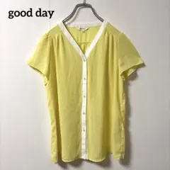 グッデイ【M】バイカラーブラウス 黄色×白 サラサラシャツ やや透け感 Ｖネック