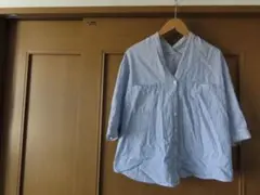 青と白　ストライプ 五分袖シャツ　リネン　麻　綿