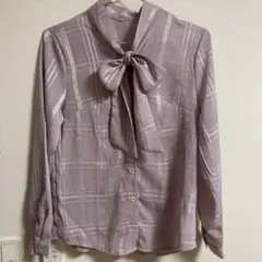 薄紫 チェック柄 リボン付きブラウス