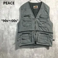 90s〜00s PEACE フィッシングベスト L コットンキャンバス　刺繍ロゴ