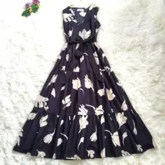 メイメイジェイ　花柄　ノースリーブワンピース 　ネイビー　マキシ丈　XL　伊製