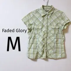 8 Faded Glory 半袖シャツ M 緑系チェック トップス グリーン
