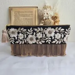 【 20cm 】 ポーチ ペンケース インド刺繍リボン レース