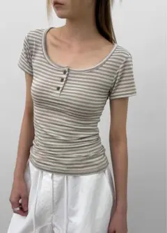 Myucol Stripe Henley Neck Sleeve Tee