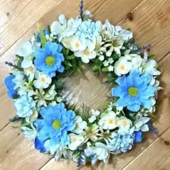 明るいブルー系　造花リース　玄関リース　ハンドメイド　匿名配送