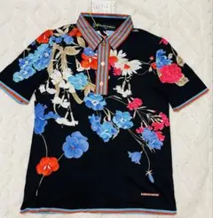 新品タグ付 レオナール LEONARD FASHION 黒地花柄 ポロシャツ S