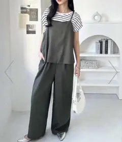【新品タグ付き】セットアップ風 フリルビスチェキャミソールサロペット　チャコール