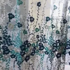 花柄刺繍レースカーテン 青緑