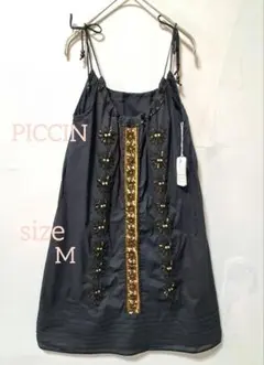 PICIN 未使用タグ付き黒ビーズ刺繍キャミソールチュニック M夏エレガント