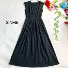 SINMEシンメ★スクエアネック Aラインワンピース ウエストギャザー マキシ丈