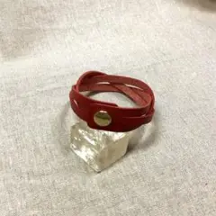 ハンドメイド♪栃木レザー編み込みブレスレットM、レッド