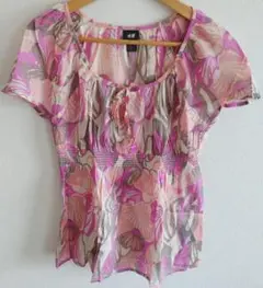 H&M 花柄 半袖ブラウス ピンク系　おすすめ！　L