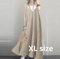 【高見え◎】リネン風VネックロングワンピースXL