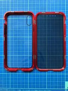 iPhoneX/XSケース 両面ガラス マグネット式 カバー 覗見防止 赤