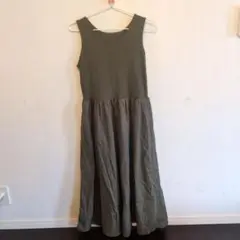 オリーブグリーン ノースリーブ 異素材ロングワンピース