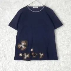 花柄刺繍 Tシャツ　カットソー　プルオーバー　ネイビー　紺色　M-L コットン