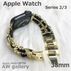 Apple Watch 41 レザー ベルト 38 チェーン 黒 金