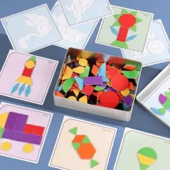 マグネット付タングラム缶ケース付き木製パズル パターンブロック型はめ