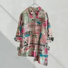 2715【一点物】ノーカラージャケット　総柄　派手　アシンメトリー　変形