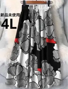 新品　4L大きいサイズ　個性的　花柄フレアロングスカート　ウエストゴム