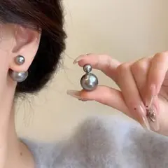 パール　ピアス　グレーパール　クラシック　ダブルピアス　パールキャッチ　2way