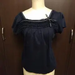 ネイビー 半袖Tシャツ M フリルリボン付き