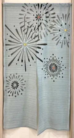 福井県編レース工業　レトロ　花火柄　刺繍　レース　水色　暖簾　のれん