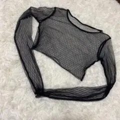 ブラックメッシュ 長袖トップス クロップド丈 シースルー シアー ロック