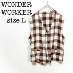 WONDER WORKER　アウトドアベスト　淡ベージュ　ブラウン　チェック　L