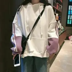 スウェット パーカー レディース プルオーバー ホワイト バイカラー オルチャン