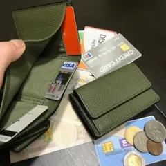 牛革☆3折れ☆ミニ財布☆カーキ☆極小サイズ☆コンパクト☆小さい財布