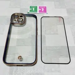 【iPhone 15 】ケース シンプル 金メッキ加工 フィルム付き ブルー