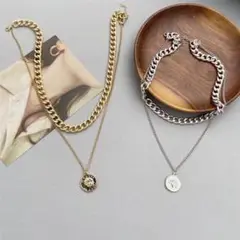 2連チェーン コインネックレス シルバー 韓国 チョーカー 重ね付け