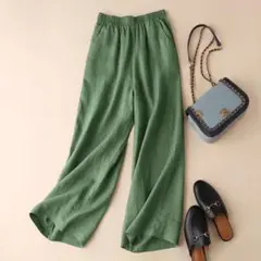 麻綿ワイドパンツ M グリーン ゆったり 上質コットンリネン 美脚 ストレート