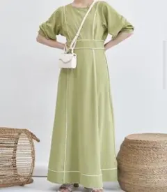 ヴァニーユー パイピングロングワンピース グリーン