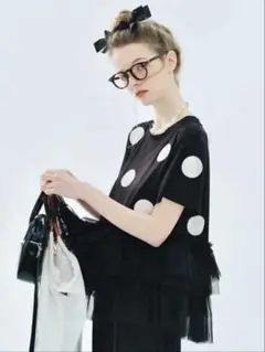 ポルカドットフリルTシャツ ブラック