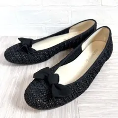 美品✨編み込み フラット 日本製 黒 リボン 軽量 旅行 セカンドシューズ