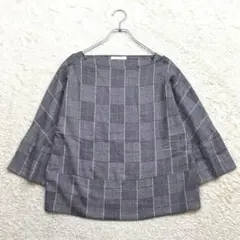 ショコラフィネローブ【F】グレー チェック プルオーバー ボートネック 七分袖