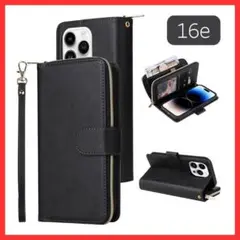 iPhone16e　手帳型スマホケース　財布　ストラップ　軽量　ブラック