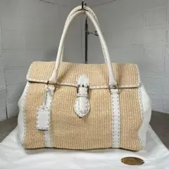 FENDI フェンディ ハンド バッグ ストロー ベージュ レザー トート