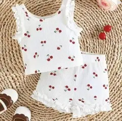 チェリー柄リブニットタンクトップ×ショートパンツセットアップ ベビー服 6-9m