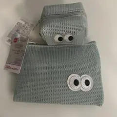 ダイソーメッシュポーチセット 水色ギョロ目デザイン