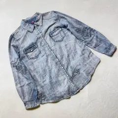 a.coco デニムシャツ 英字プリント ウエスタン加工 ポケット付き S 青