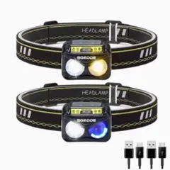【軽量・防水•二個セット】 LEDヘッドライト USB充電式 センサー機能